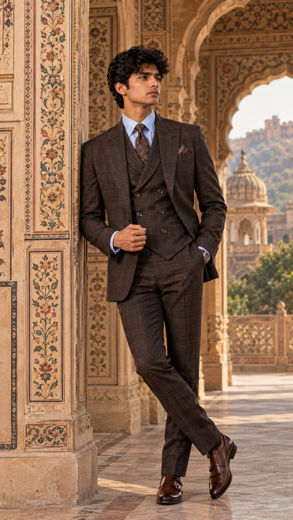 Chocolate brown checked three-piece bespoke suit in Jaipur
