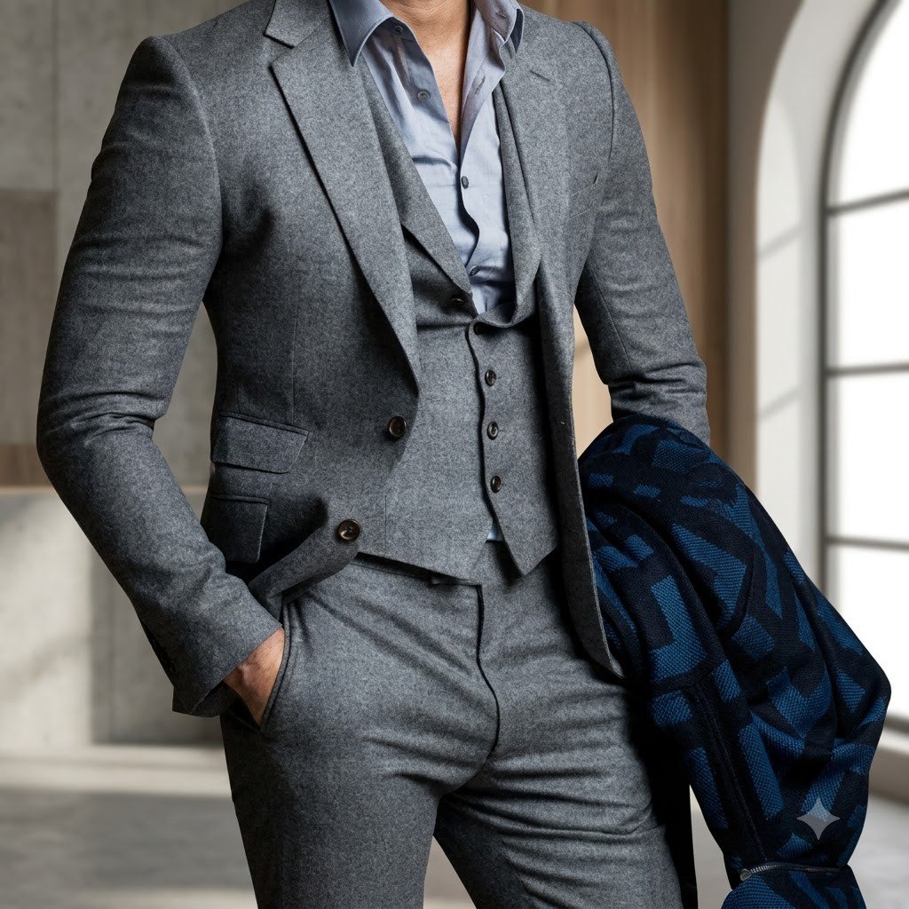 Custom Charcoal Three-Piece — made to measure by Sana Tailor, Jaipur