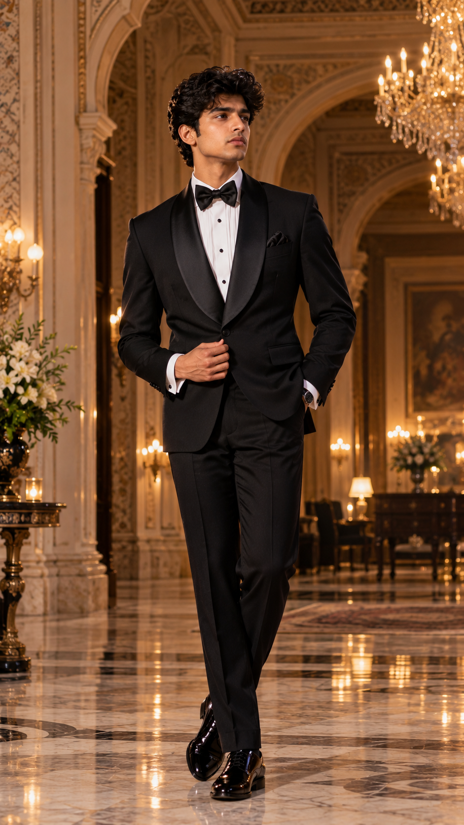 Black silk-lapel dinner tuxedo in a grand Jaipur interior