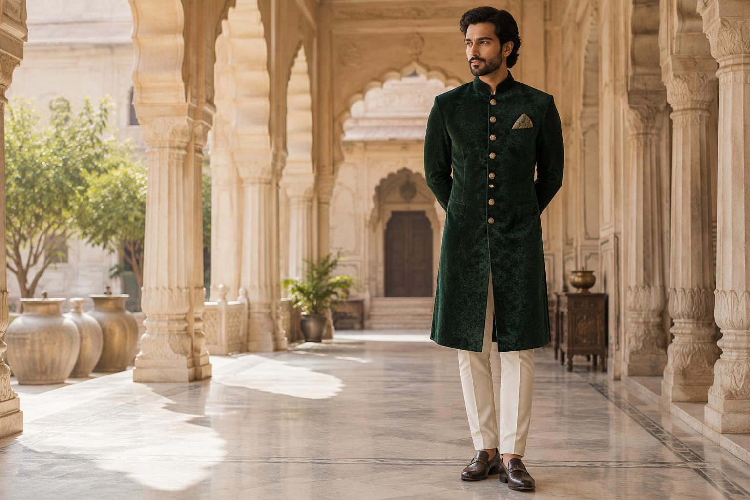 Emerald green bespoke bandhgala at a Jaipur atelier